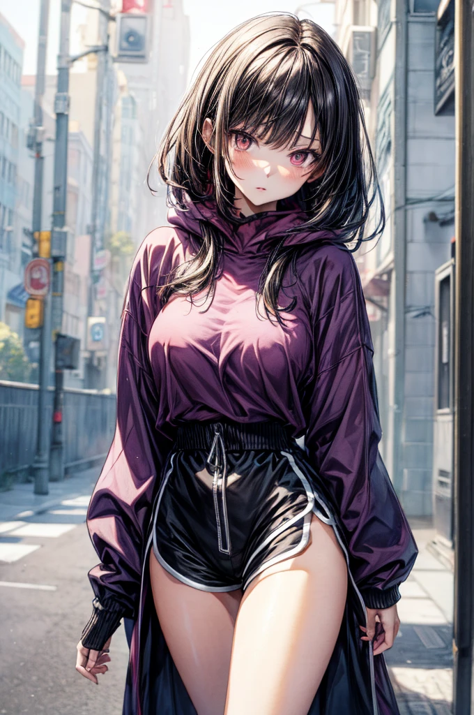 (Sketch)), ((Watercolor)), ((best quality)), ((masterpiece)), (detailed), 4k image, anime style, beautiful young girl, tanned white skin, sharp facial features, arrogant and disdainful expression, oval shaped face, full cherry pink lips, big round velvet colored eyes, D-cup breasts, slender and thick, tight oversized hoodie reaching thighs, dolphin shorts, long Sleek dark violet-black hair, flowing waist length hair, small narrow waist, full curvy hips, tall height(175cm)