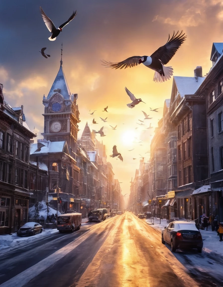 A surreal, dreamlike scene unfolds: a flock of birds, their iridescent feathers glowing in warm sunlight, burst forth from a vintage camera lens, as if springing to life within the very frame. The birds' poses are dynamic, with some in mid-flight, others frozen in time. A cityscape's steel skyscrapers and bustling streets blend seamlessly into the background, creating an eerie juxtaposition, ImgFixe,rPre0.3