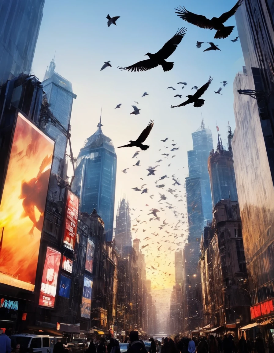 A surreal, dreamlike scene unfolds: a flock of birds, their iridescent feathers glowing in warm sunlight, burst forth from a vintage camera lens, as if springing to life within the very frame. The birds' poses are dynamic, with some in mid-flight, others frozen in time. A cityscape's steel skyscrapers and bustling streets blend seamlessly into the background, creating an eerie juxtaposition, ImgFixe,rPre0.3