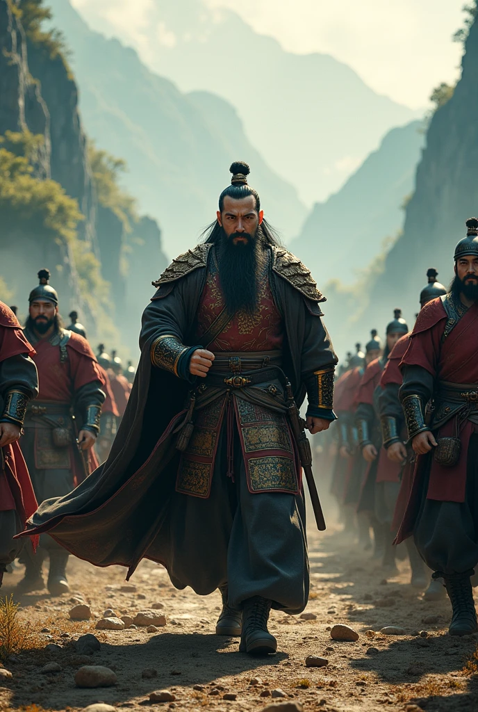 Guan Yu with a beard leads his soldiers into ancient China.