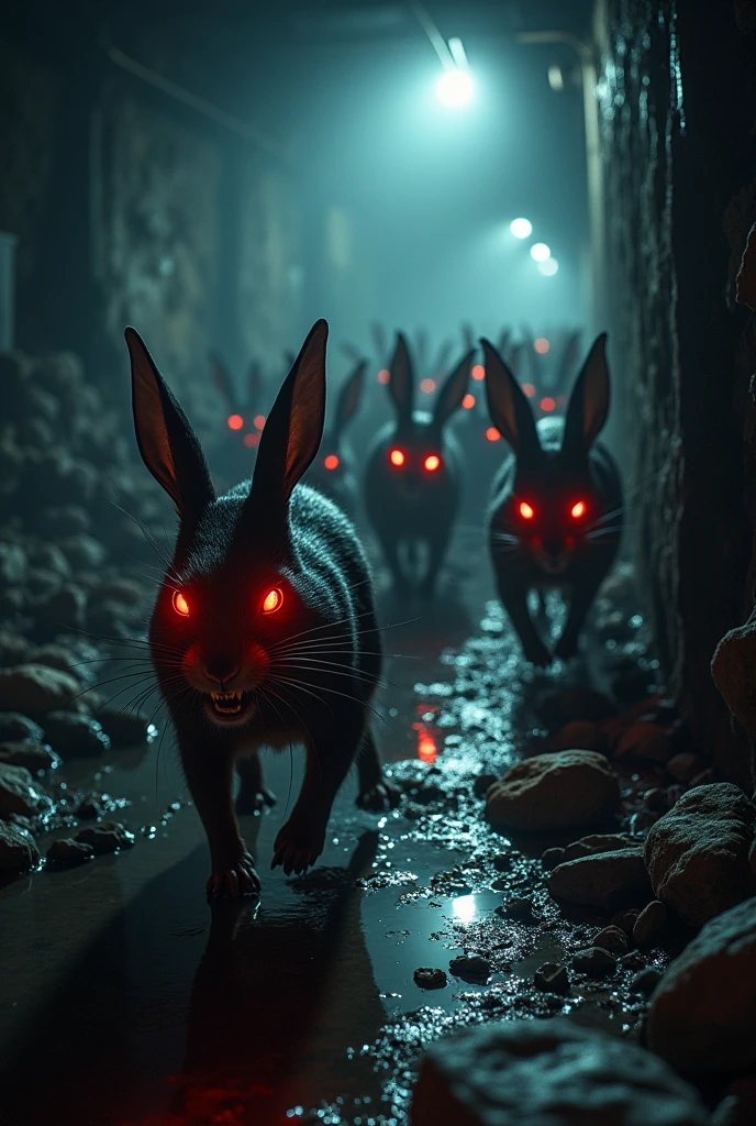 “A large swarm of rabbits, with glowing red eyes and sharp front teeth, scurries through a grimy sewer filled with heaps of trash. The filthy water flows slowly, carrying bits of debris along its murky surface. The scene is dark, illuminated only by the occasional glint of the rats' eyes as they navigate the maze of refuse. The atmosphere is thick with the stench of decay, and the rats move swiftly in the shadows, their forms barely visible in the dim, eerie light of the night."