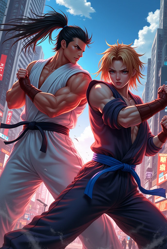 Create an anime style art passage, with the city of Tokyo in the background and several male and female fighters, put women and men fighting