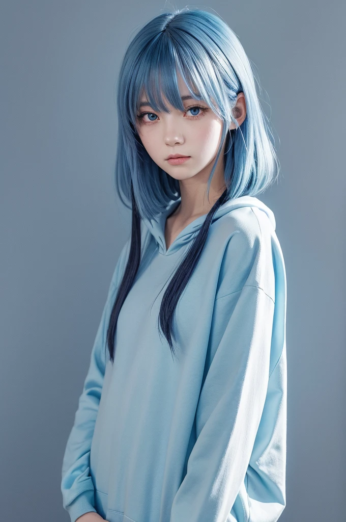 Ultra-realistic capture, Highly detailed, High resolution 16k close-up of human skin. Skin texture must be natural, With such detail that pores can be finely identified, Skin should look healthy, In a uniform tone, Use natural light and color, photo realistic, Full Body Shot, full body, downer, (Indigo blue hair)+(long hair)+(messy hair), Black hoodie
