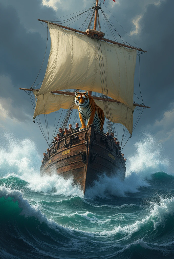 A rough sea with a sailing boat facing forward with a fierce tiger looking ahead