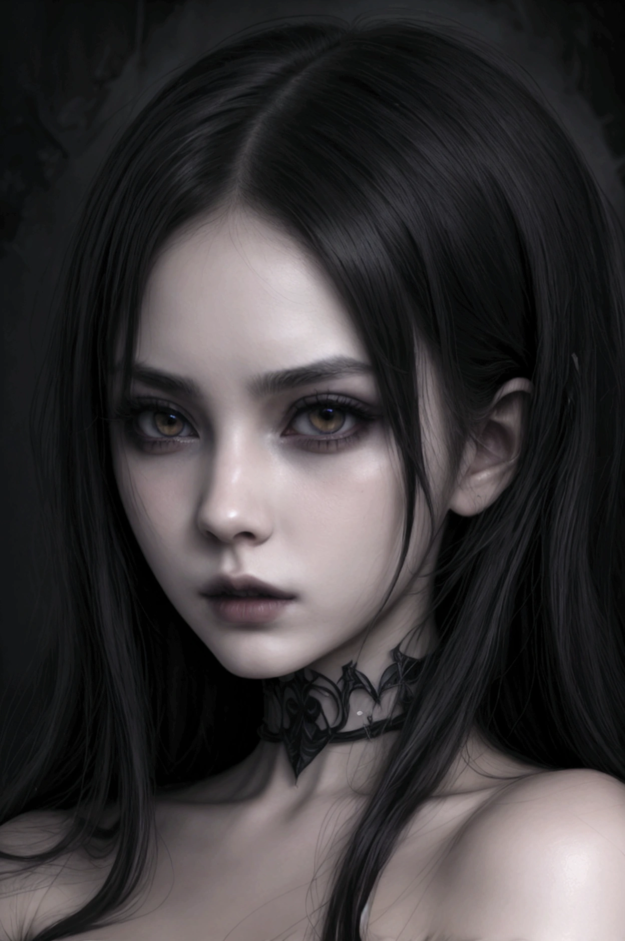 a dark anime girl, beautiful detailed eyes, beautiful detailed lips, extremely detailed face and expression, long dark hair, pale skin, gothic fashion, black dress, dark eyeshadow, moody atmosphere, dramatic lighting, dark fantasy, cinematic, dramatic colors, chiaroscuro, dark and moody, dramatic shadows, muted tones, high contrast, dramatic composition, masterpiece
