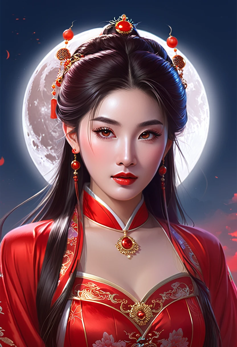 a woman in a red dress with a red headpiece and a full moon behind her, chinese princess, chinese woman, chinese girl, beautiful digital artwork, beautiful oriental woman, ross tran 8 k, asian woman, stunning digital illustration, beautiful fantasy art portrait, palace , a girl in hanfu, stunning digital painting, a beautiful fantasy empress, inspired by Wu Bin
