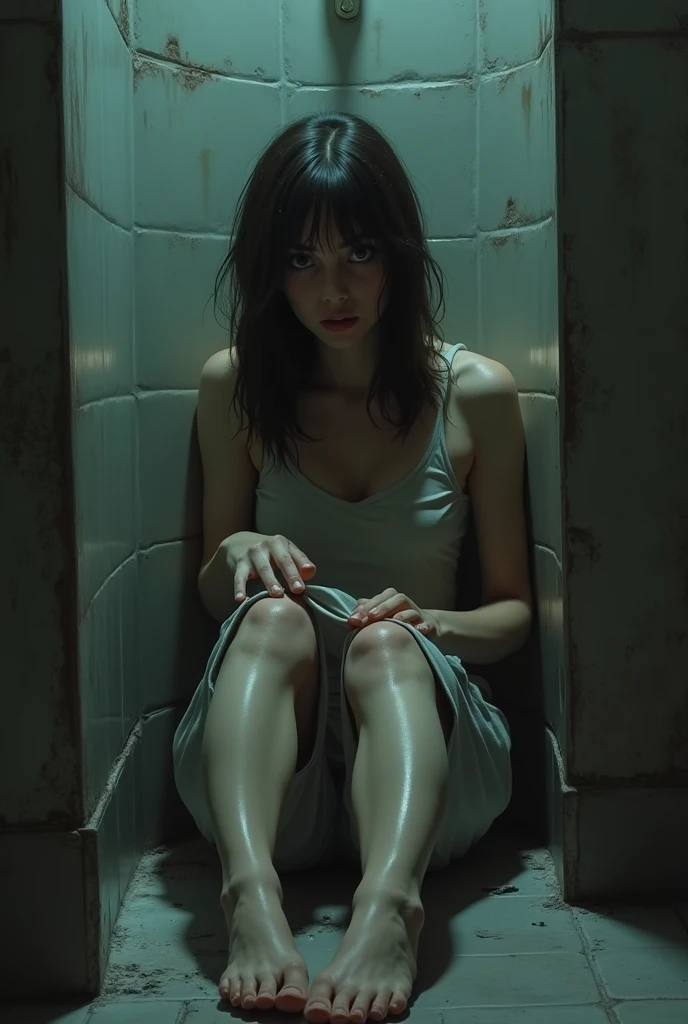 a brunette woman with straight hair, de 1,65m tall, is sitting on the floor of a dimly lit bathroom, almost dark, with walls covered in old paint and stained by time. She wears basic, dirty pajamas., stuck to the body by the sweat of fear. His face is pale, The wide eyes, reflecting the sheer horror of what he had just witnessed.
The cold, damp bathroom floor amplifies the feeling of despair, as she presses her back against the wall. Her trembling hands grip the edges of her pajamas, in an attempt to hold on to something real amidst the nightmare that surrounds her.
The sound of her heavy breathing echoes in the small space.. Fear paralyzes her, an invisible presence filling the air, heavy and suffocating. Something is lurking, and she can feel the slow, inevitable approach.