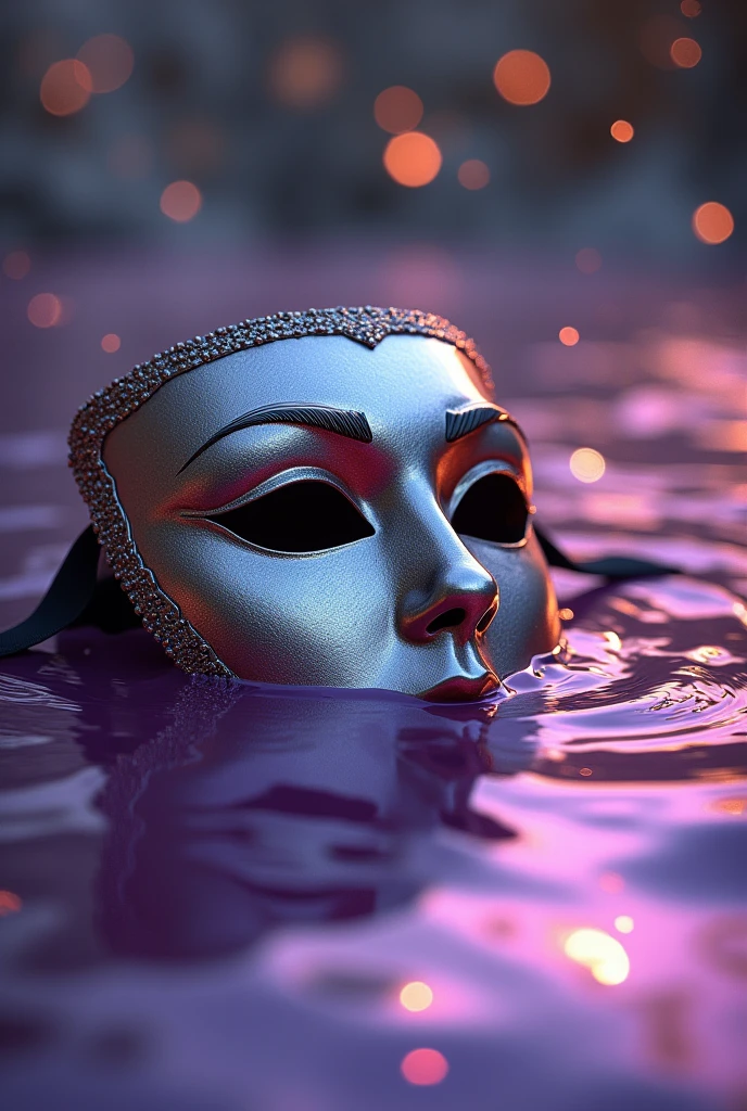 Silver theatre mask, purple and gold melting in silver water reflecting the mask
