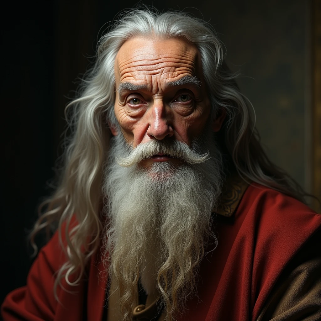 a realistic portrait front view of an elderly Leonardo Da Vinci looking straight ahead, with long beard, with long hair, cinematic scene, (best quality,4k,8k,highres,masterpiece:1.2),ultra-detailed,(realistic,photorealistic,photo-realistic:1.37),dramatic lighting,chiaroscuro,dramatic pose,expressive face,penetrating gaze,wrinkled skin,textured clothing,renaissance era,classical painting
