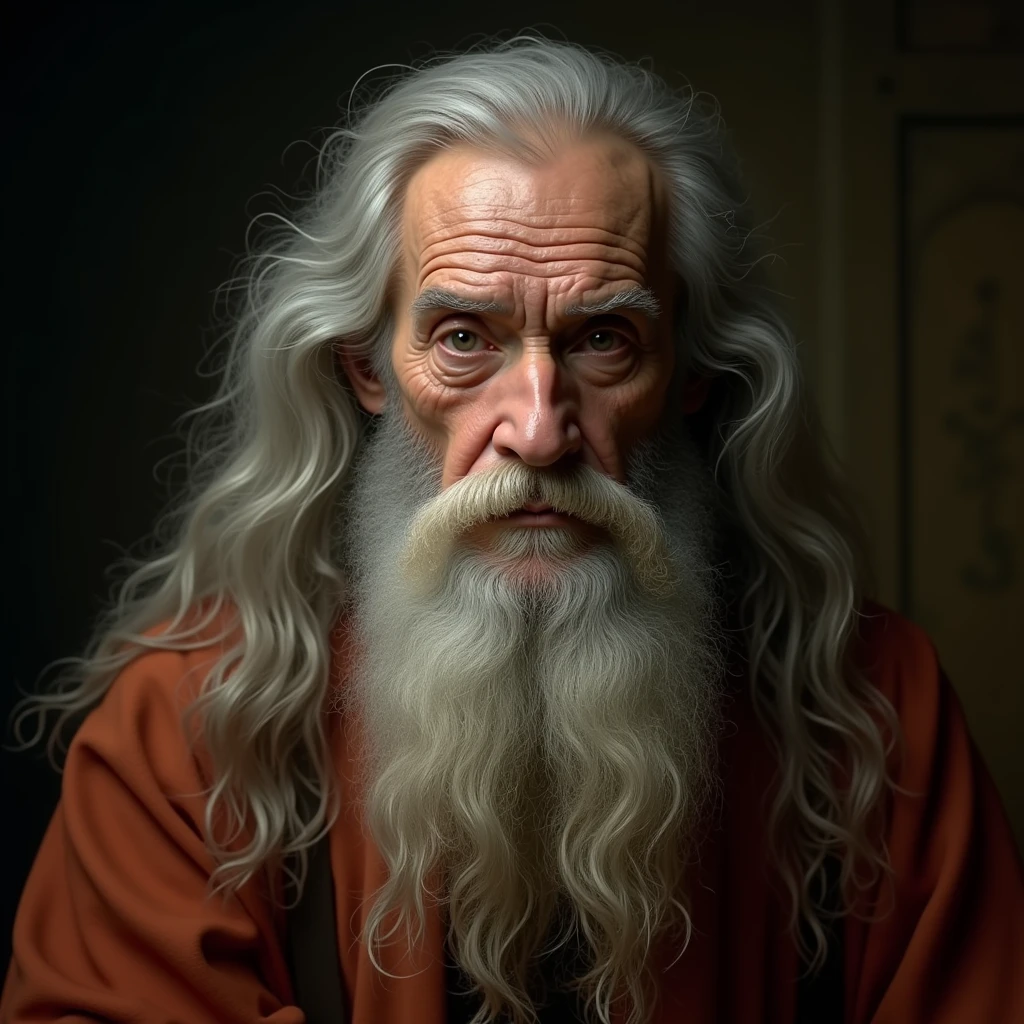 a realistic portrait front view of an elderly Leonardo Da Vinci looking straight ahead, with long beard, with long hair, cinematic scene, (best quality,4k,8k,highres,masterpiece:1.2),ultra-detailed,(realistic,photorealistic,photo-realistic:1.37),dramatic lighting,chiaroscuro,dramatic pose,expressive face,penetrating gaze,wrinkled skin,textured clothing,renaissance era,classical painting