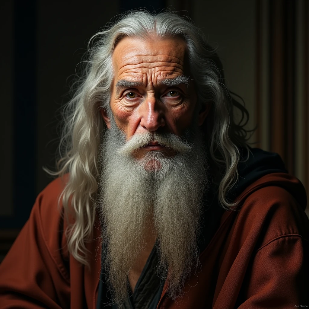 a realistic portrait front view of an elderly Leonardo Da Vinci looking straight ahead, with long beard, with long hair, cinematic scene, (best quality,4k,8k,highres,masterpiece:1.2),ultra-detailed,(realistic,photorealistic,photo-realistic:1.37),dramatic lighting,chiaroscuro,dramatic pose,expressive face,penetrating gaze,wrinkled skin,textured clothing,renaissance era,classical painting