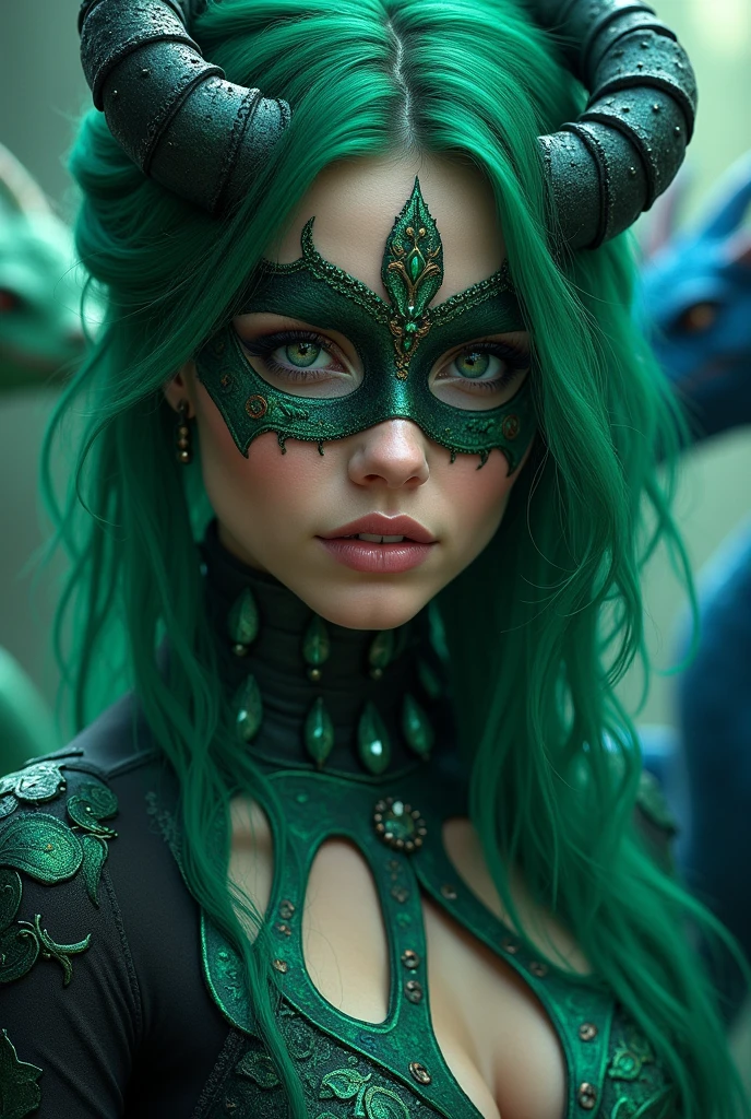 (Masterpiece, 8K, UHD, high resolution: 1.4), Terra, a 30-year-old woman, (wearing a chimera-inspired mask with details of stones and foliage: 1.3), (predominantly in green, brown, and gold: 1.2), (moss-green hair, long and slightly wavy: 1.3), (green eyes with a soft, natural glow: 1.2), (set in a natural forest or garden scene: 1.3), (surrounded by majestic trees and lush plants: 1.3), (moss-covered rocks: 1.2), (filtered light through tree canopies creating a peaceful and magical atmosphere: 1.3), (realistic and intricate details in the foliage and environment: 1.2), (calm and immersive perspective: 1.3)