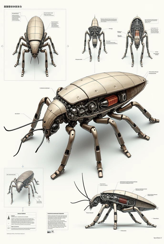 Diagram of the internal structure of the robotic cockroach, showing servo motors, sensors and body structure.
