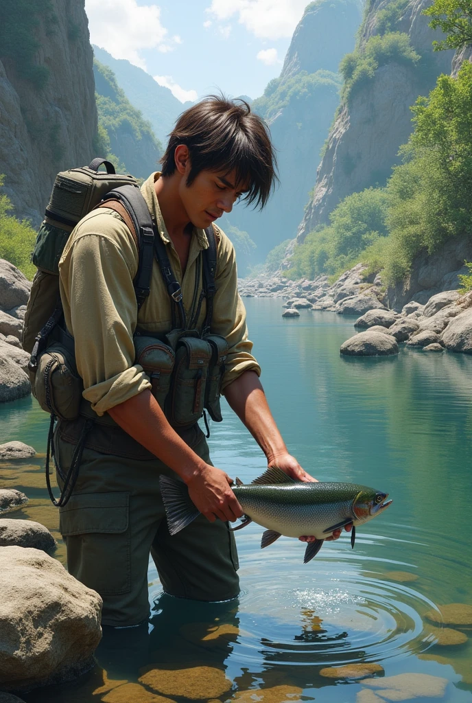 Create an image of a fisherman taking a fish out of the water with a background of rocks and a river seen from behind the young person
