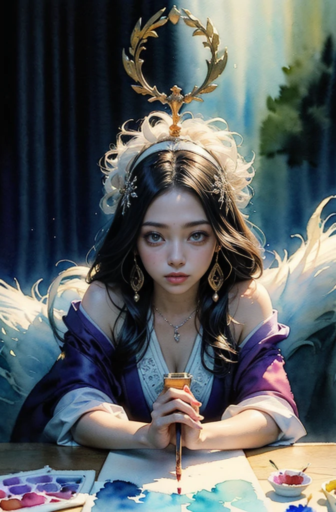 (Tabletop, Highest qualityの, Highest quality, Official Art, (beautifully、aesthetic:1.4), (Watercolor:1.4) ), (Izanami 1.5), 日本のgod話の女god, Majestic beauty, 創造の女god、生命の女god、Typically、((((Typically))))、Reincarnation Support, god'Grace, Gentle and meditative expressions, Flowing, celestial garments, Shine、Created all the landscapes and worlds on Earth, A dazzling dance of light, Whispers of Ancient Legends,
