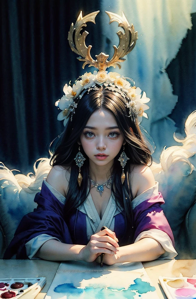 (Tabletop, Highest qualityの, Highest quality, Official Art, (beautifully、aesthetic:1.4), (Watercolor:1.4) ), (Izanami 1.5), 日本のgod話の女god, Majestic beauty, 創造の女god、生命の女god、Typically、((((Typically))))、Reincarnation Support, god&#39;Grace, Gentle and meditative expressions, Flowing, celestial garments, Shine、Created all the landscapes and worlds on Earth, A dazzling dance of light, Whispers of Ancient Legends,