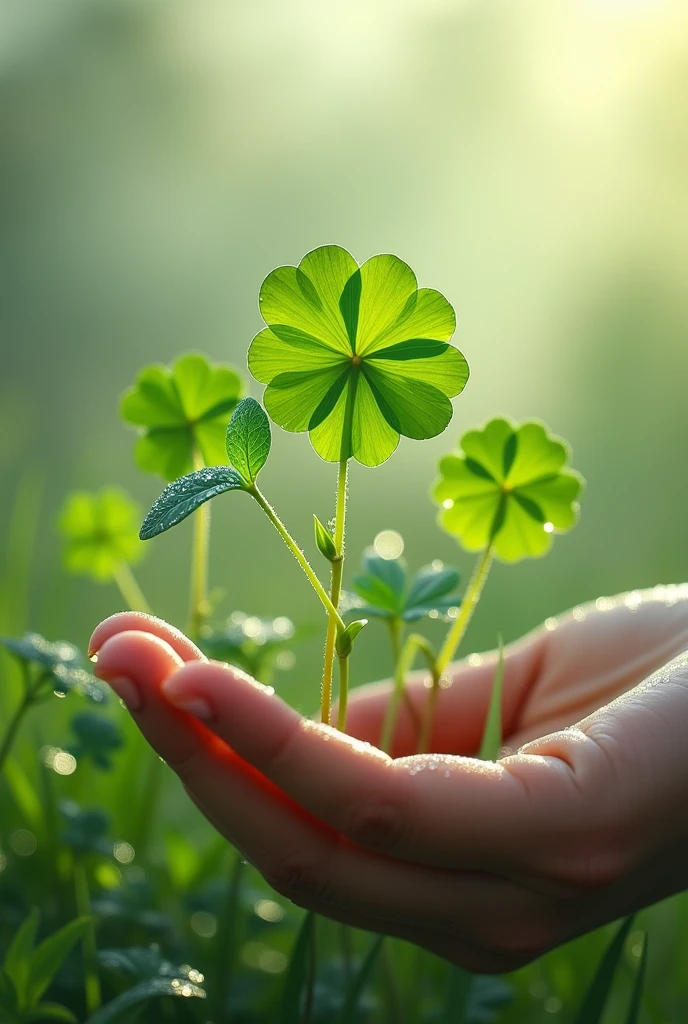 a group of clovers not long after sprouting and a hand near them 