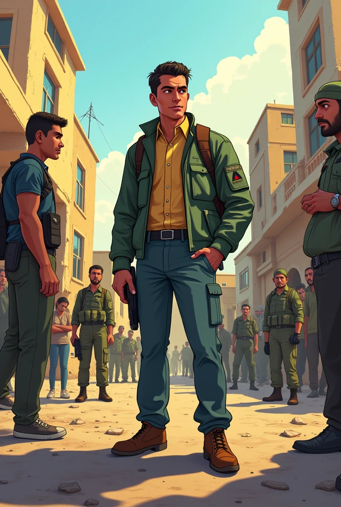 Language interpreter in conflict zone animated cartoon
