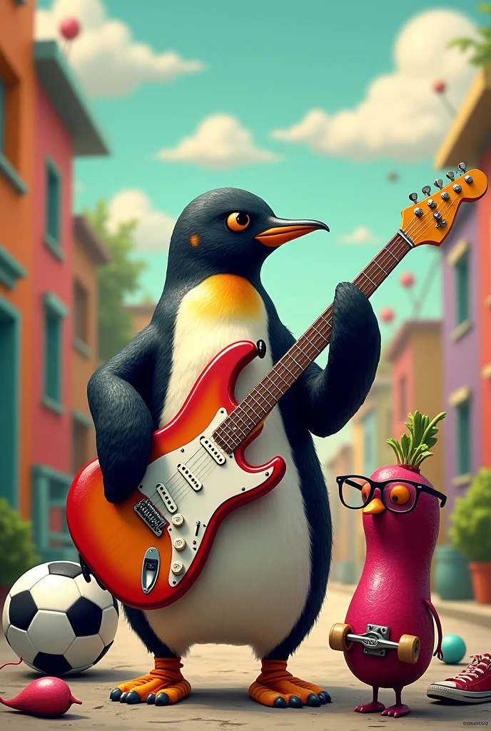penguin with his electric guitar and a soccer ball and his skateboard with his friend the radish with glasses 
