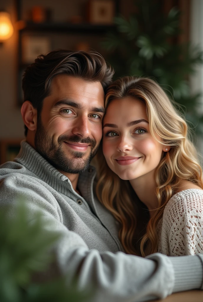 (Photorealism:1.1) a couple man dark brown hair and brown eyes together with a woman blonde green eyes long hair  in home 8k ultra realistic super detailed