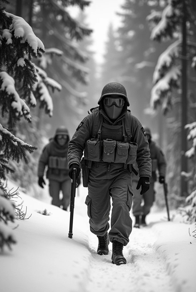 
take a photograph of soldiers behind trees/conifers being mobilized sneakly, in snow suits, winter glasses, masked and wearing helmets, bad quality, sneakily view, 1950s, black and white, sneakily photo