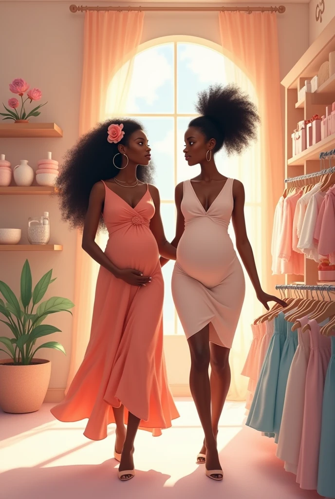 Generate an image of a beautiful black lady pregnant and another black beautiful lady who IS NOT PREGNANT walking inside a baby shop