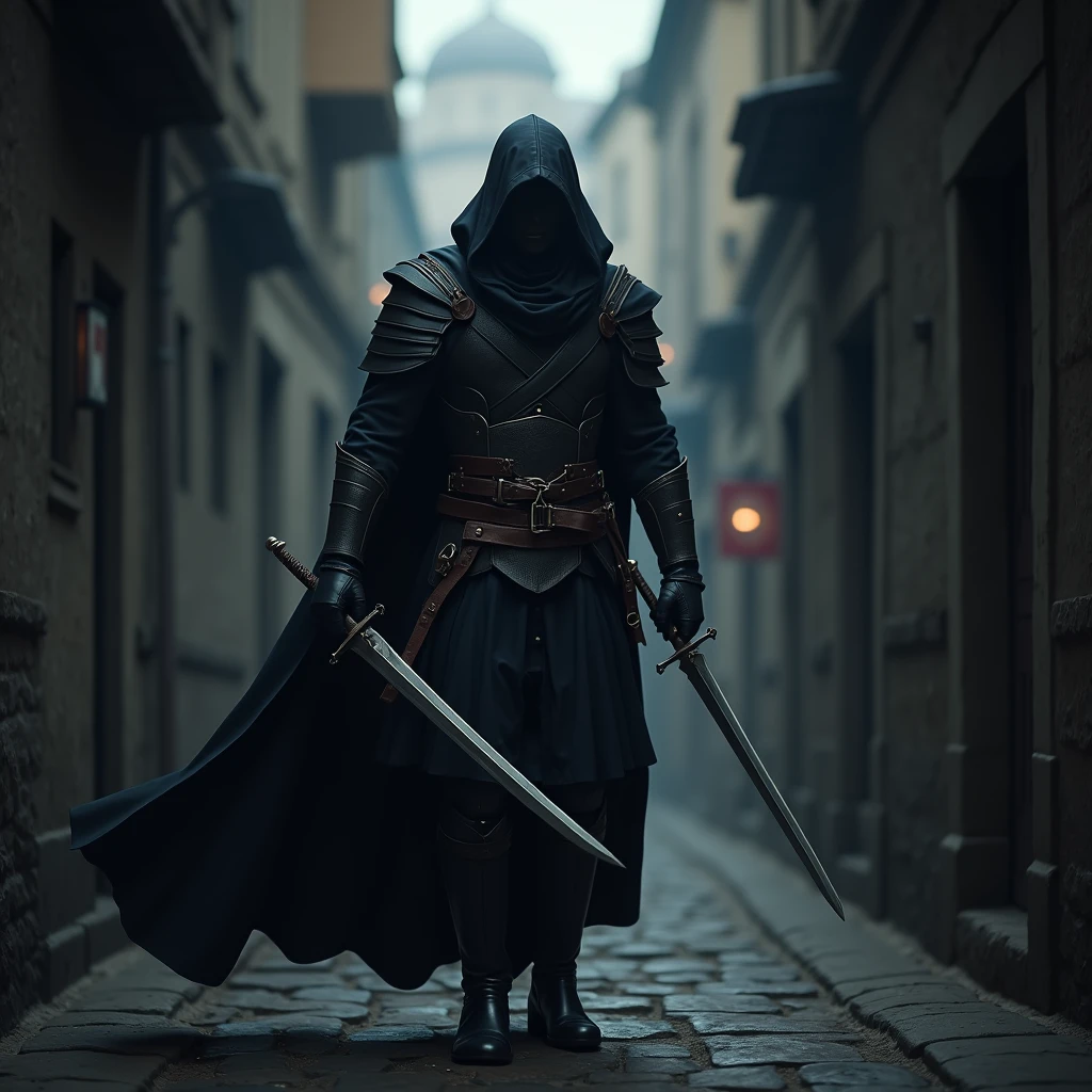 a medieval assassin in leather armor with two swords

