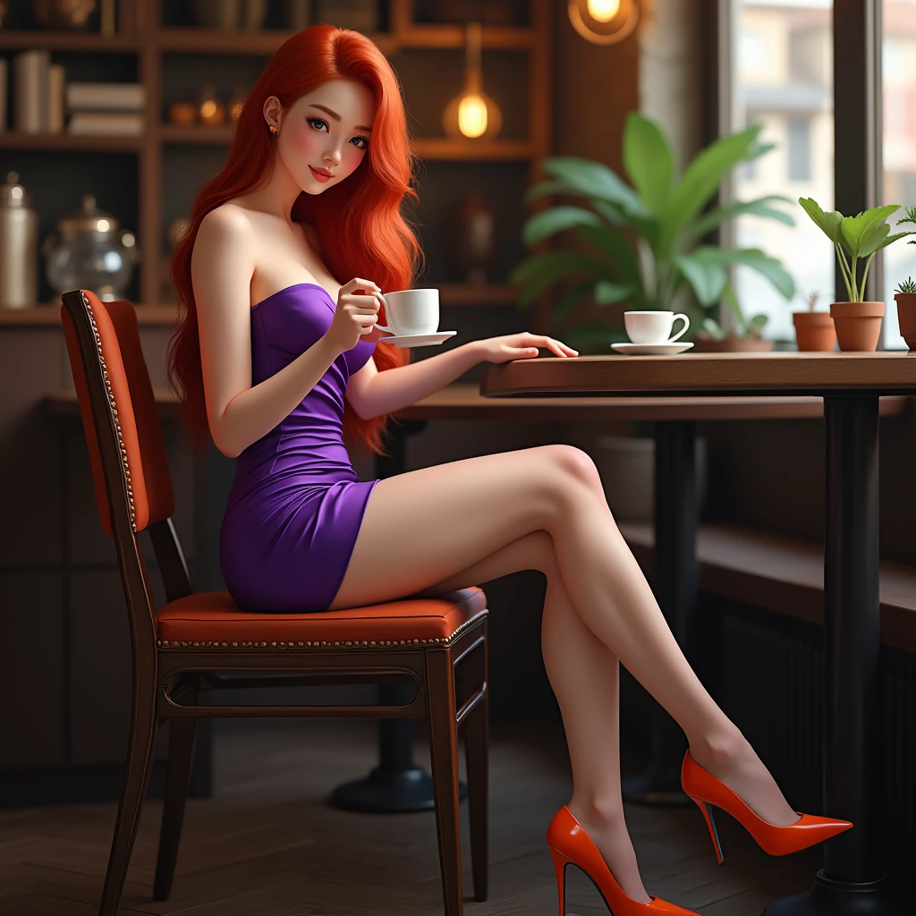 (realistic, high resolution:1.3), 1 vibrant red haired girl with perfect figure, super fine face and eyes, long hair, silk dress: 1.2, violet color, short skirt,, big breasts, exposed cleavage, big breasts, huge breasts,(((orange high heels))), ultra detailed, hyperrealistic, professional, camera canon 5d mkII. lens canon 100-400mm mkII f4.5 sitting in a coffee shop, focus on perfect legs and orange high heels, high heels
