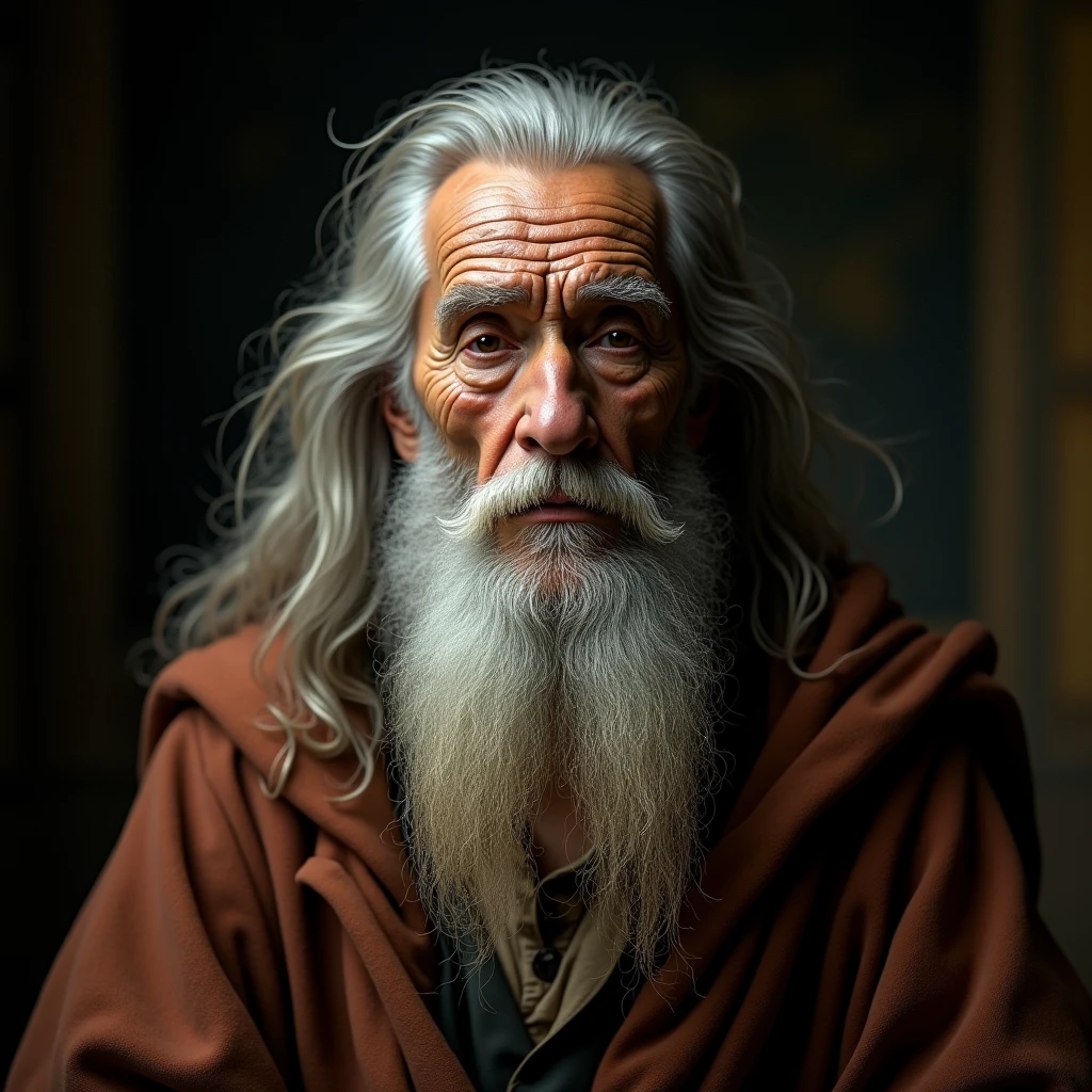 a realistic portrait front view of an elderly Leonardo Da Vinci looking straight ahead, with long beard, with long hair, cinematic scene, (best quality,4k,8k,highres,masterpiece:1.2),ultra-detailed,(realistic,photorealistic,photo-realistic:1.37),dramatic lighting,chiaroscuro,dramatic pose,expressive face,penetrating gaze,wrinkled skin,textured clothing,renaissance era,classical painting