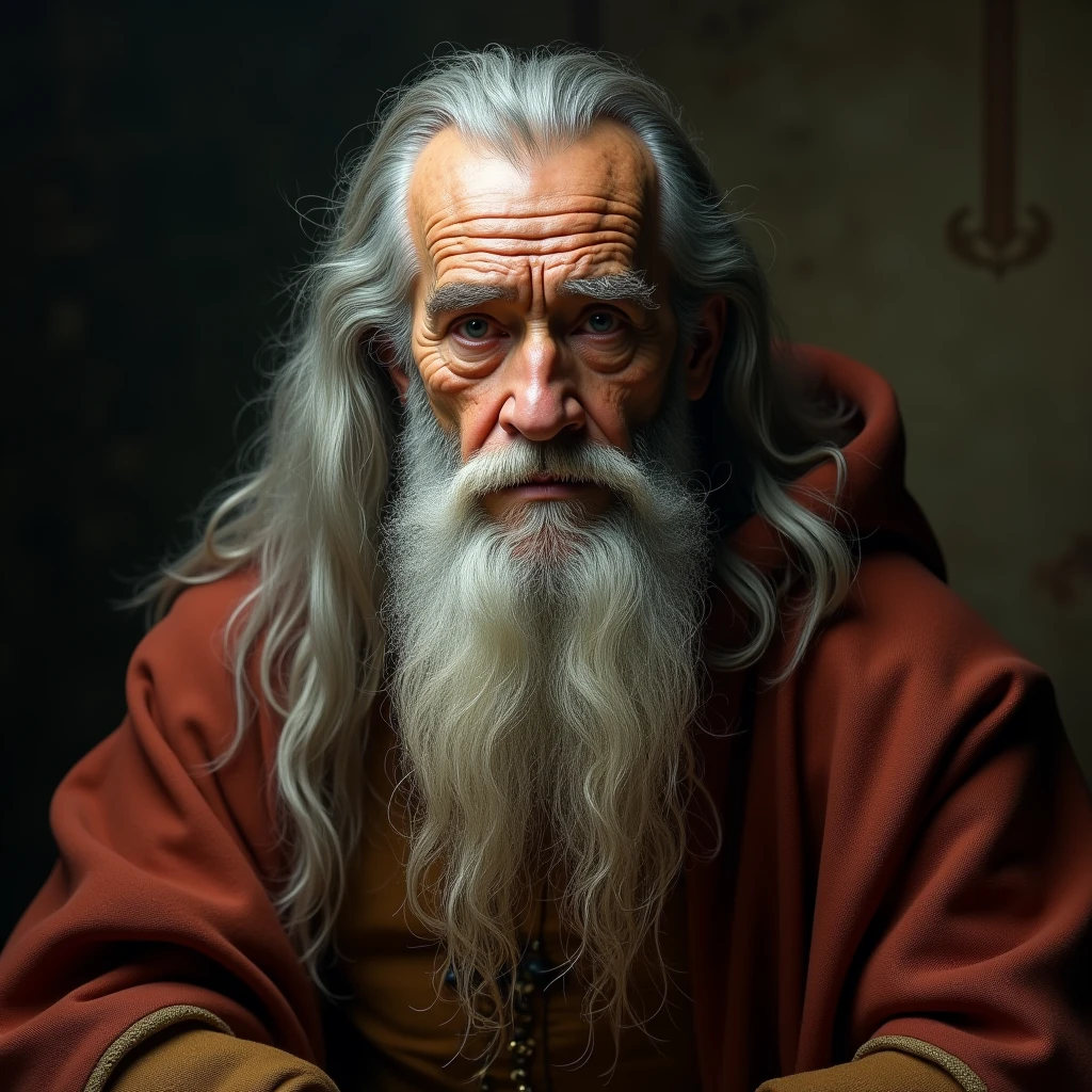 a realistic portrait front view of an elderly Leonardo Da Vinci looking straight ahead, with long beard, with long hair, cinematic scene, (best quality,4k,8k,highres,masterpiece:1.2),ultra-detailed,(realistic,photorealistic,photo-realistic:1.37),dramatic lighting,chiaroscuro,dramatic pose,expressive face,penetrating gaze,wrinkled skin,textured clothing,renaissance era,classical painting