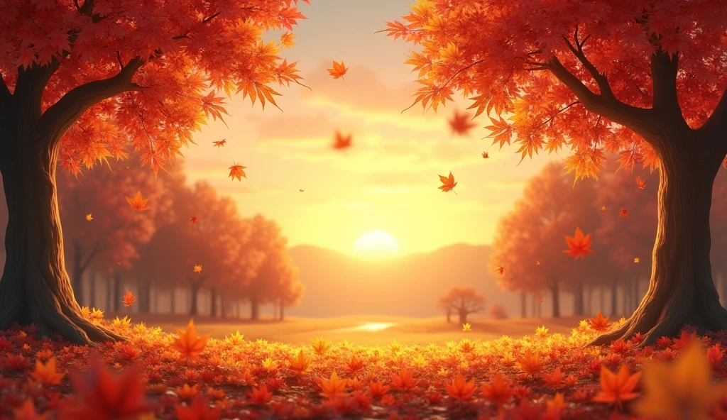 Autumn sunset and maple leaves