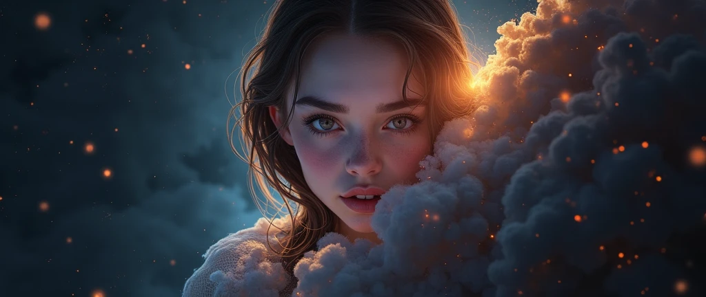 An 35 mm full frame camera,(Wide-angle lens,panoramic) field view a.r. 21:9.(Distinguished Quality),(Mirror-like,Cinematic,Experience),(insanely detailed,absurdres)(3 females, stunning,beautiful age 16-18, from another dimension,human:2.0-like beings, Gorgeous face,(Super long,thick,soft,fine detailed,brown, black hair, dark golden highlights)little,Pixie-magic glitters,orange light particles, red, pink in long hairlocks: 2.0),(Super long,thick,soft,fine detailed,brown, black hair, dark golden highlights).Long, locks flowing in the breeze)brown, deep-bluetoned skin:2.0),(Focus on full body shot), sharp detailed focus, (realistic hand),"(unreal,glass,transparent,seethrough,ethereal transparent skin:2.0)(Sparkling metallic multicolored particles, brown deep-bluetoned skin:2.0),”(micro-diamond cut textured skin on body, dark-red, yellow, pastel-green,baby-pink,diamonds, becomes, little by little, size of a grain of sand on collarbones, gradually spreads out up neck)stops around cheekbones, chin, and middle of forhead, faint glowed, smallest diamonds become fewer and more disperse. ",(Detailed hands),(yellow:2.1,red:0.9, glitter particles:2.0,particles surrounds sisters:2.0)BREAK,”(they, radiate their own unreal beautiful faint glow,(Microcell sized, toned down light particles),switch on, inside their alien body and faint glow,dark red light:1.9,Yellow light:2.1." body expression sexy, sensual,direct gaze at the camera. (perfect long legs),realistic feet,(Floating weightlessly, with nothing underneath but clouds, they are (standing under a white, cushy, cotton soft, cloud) that rains orange,pink cell-size diamond drops, while peach colored, lightnings strike above them in the cloud),random poses from abundance of ideas from bot:3.0, surrounded by countless brigh but distant stars in deep, dark blue space, glimpse from:”(2 moons ),(1 planet),1,dark red venus),(2,muted turquoise mars),(3,faint pink planet, with big pink pretty rings around it).