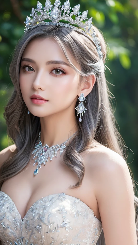 (masterpiece, Highest quality: 1.4), Detailed Background, White Crystal, Crystal clusters,Long Hair,jewelry, Earrings, necklace, Crown, bride, Gray Hair, Hello,