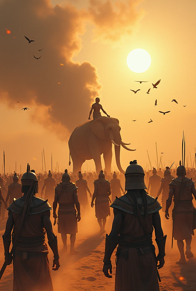 ancient times, in the desert ancient Ethiopian troops and elephants ATTACKED BY BIRDS G SMALL BLACK BIRDS carrying red hot pebbles, ancient times 500 AD, clear realistic ratio, realistic, realistic ancient lighting, realistic ancient atmosphere.