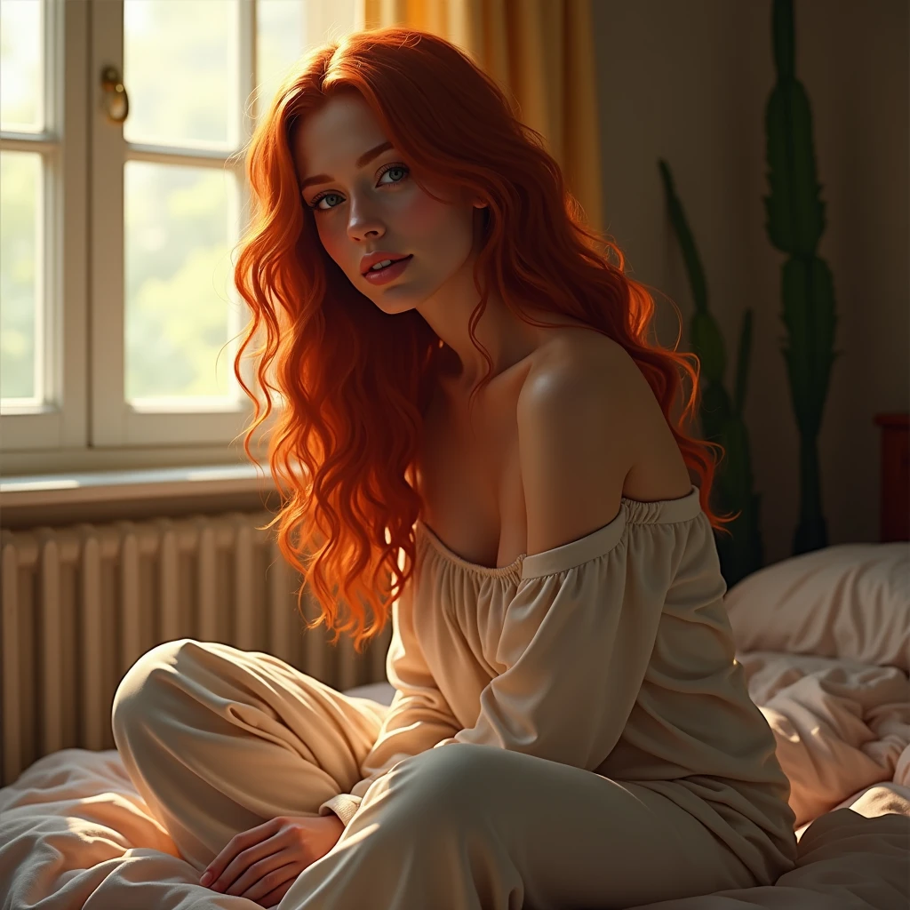(photorealism:1.2), beautiful woman, red hair, sitting on bed, wearing loose off-shoulder top, pajama pants, long curly hair, indoors, soft lighting, window with sunlight, cozy room, relaxed pose, realistic, intricate details, warm colors, by Greg Rutkowski, by Alphonse Mucha