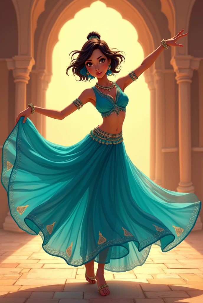 ((art animation 2D)) 20 year old woman with short wavy brown hair with dark blue dyed tips, with blue skin, Brown eyes, with good body, wearing a turquoise colored indian ballerina costume, dancing