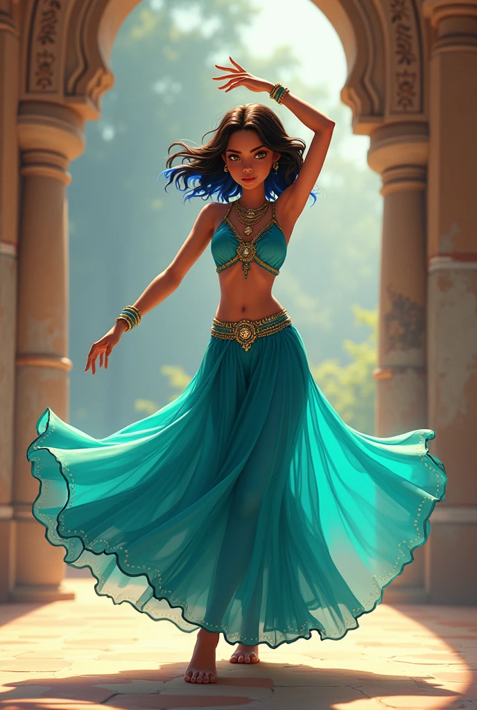 ((art animation 2D)) 20 year old woman with short wavy brown hair with dark blue dyed tips, with blue skin, Brown eyes, with good body, wearing a turquoise colored indian ballerina costume, dancing