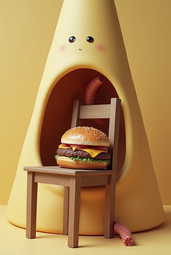 I require an image of a wooden chair in a cone, along with a hamburger and sausage I want for a meme, in a funny way Where the chair, the hamburger and sausage are inside the cone, that is funny