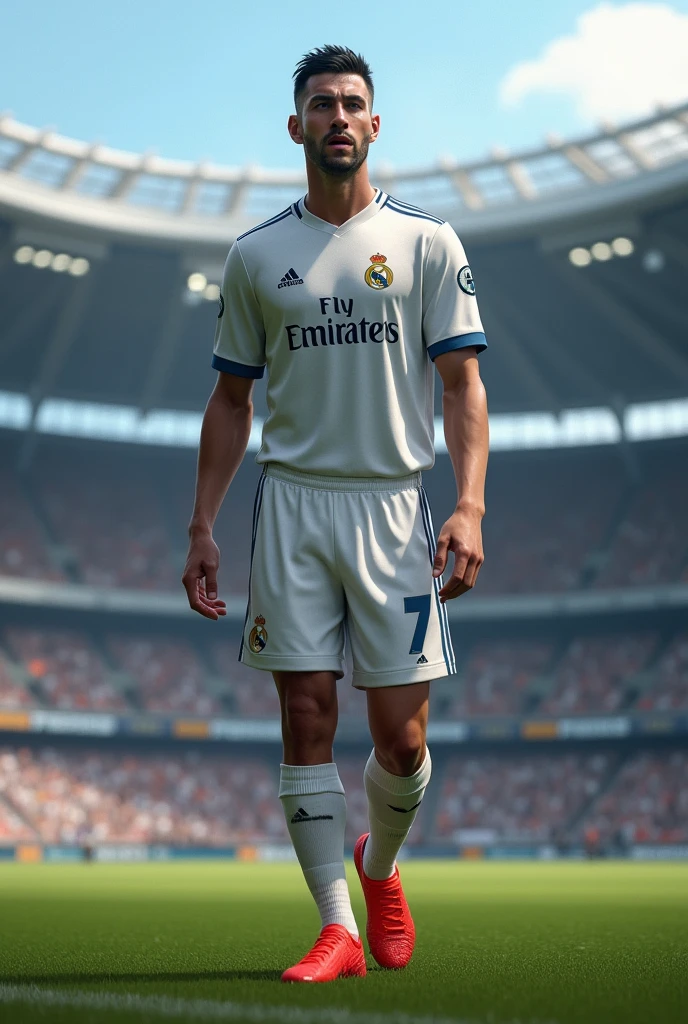 an adult man from the coast with the Real Madrid shirt with the name "daymison" number 7, black hair, red boots, no beard, walking around the football stadium