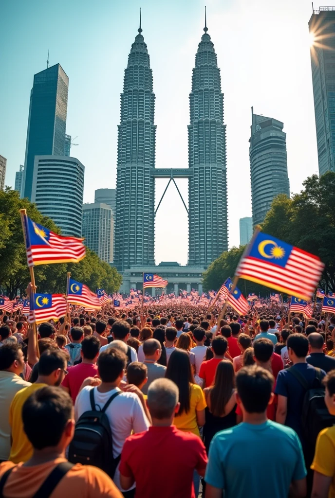 4k photo, realistic, Malaysia day, Citizens crowd in front of the Petronas twin tower, Citizens' cloth different color and mix gender, citizens are holding Malaysia flag, Make sure Malaysia flags are correct, festival, happy and shocking feeling