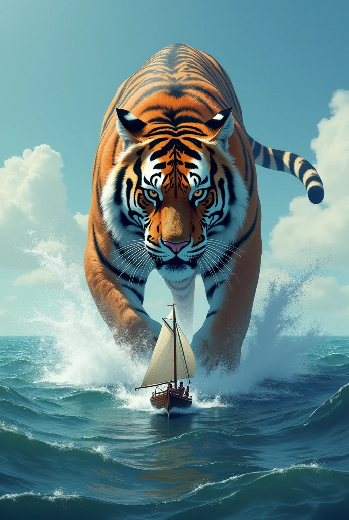 A sea with a sailboat facing it with a fierce tiger looking forward 