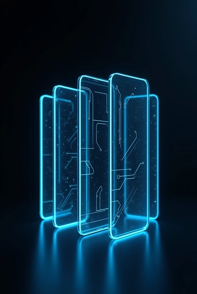 Glass cell phones with blue lines on a black background