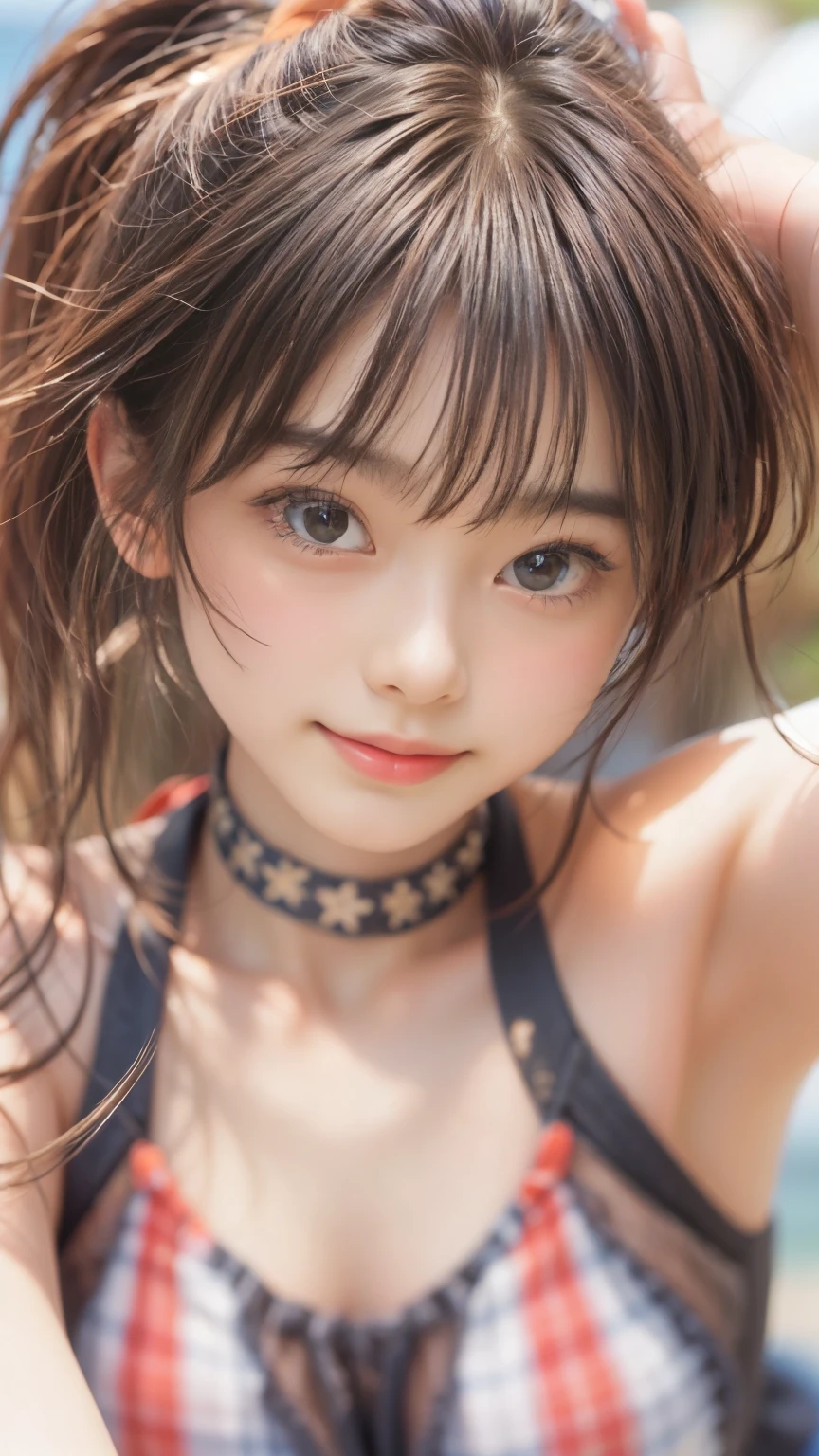 detailed face, masterpiece , Highest quality , Very detailed , 1 person, ((Contrasting Eyes)) , (Happy and joyful), ((running)) , bikini, Beach , bangs