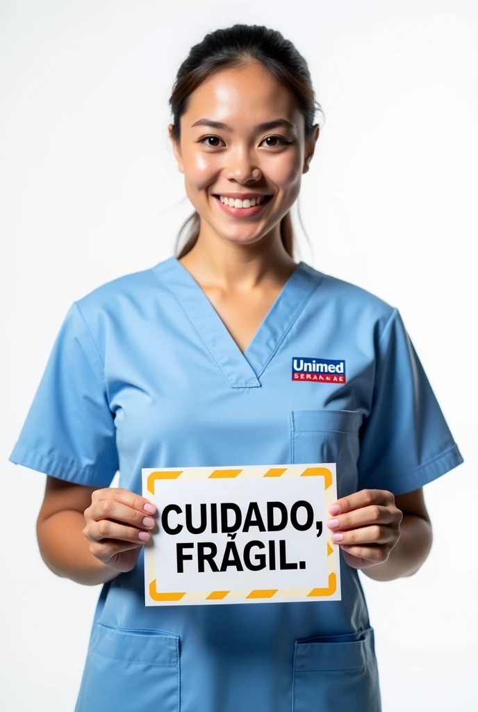 Create an image of a hospital professional whose uniform has the Unimed Serrana RJ company logo on it (search this image on the internet, not ivent) holding a work safety sign written: "CAUTION, fragile" (I want this sentence in Portuguese). Background transparent.