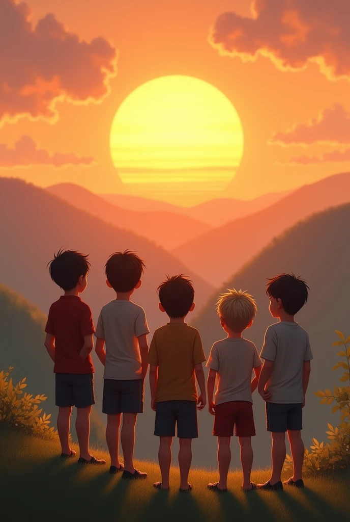 Five boys standing in front of rising sun