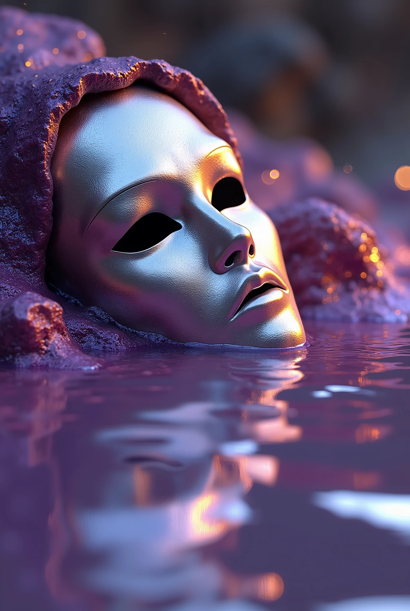 Silver theatre mask, purple and gold melting in silver water reflecting the mask
