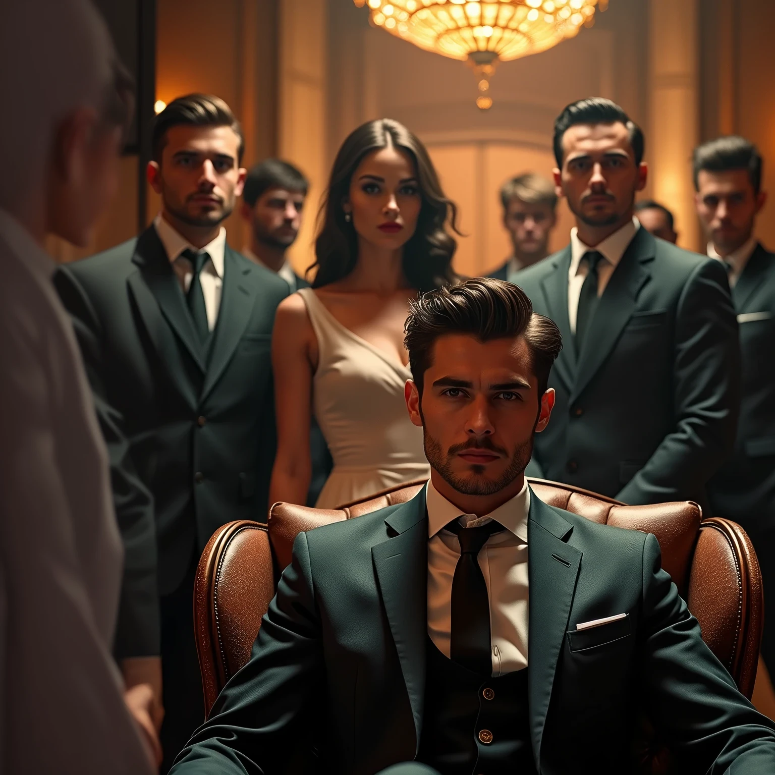 arafed man in a suit sitting in a chair with a group of people, handsome man, epic and classy portrait, attractive man, handsome and elegant, serious look, cinematic shot epic portraits, epic portrait of menacing, handsome male, portrait shot, wearing a strict business suit, movie still 8 k, the man stands out on the image, dressed in a suit