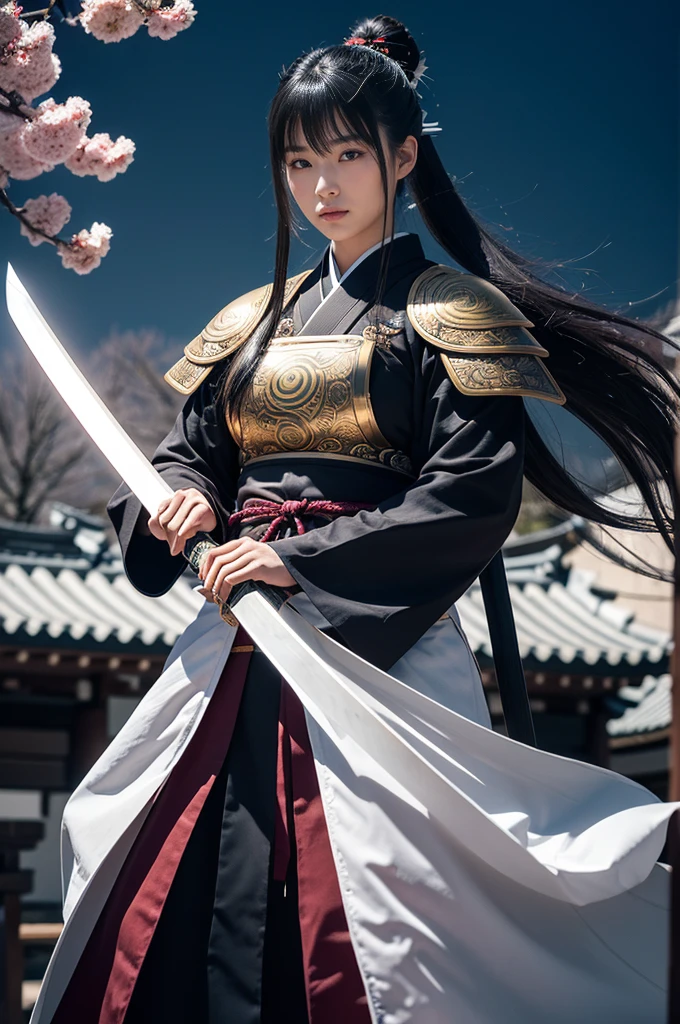 **Prompt:** Create an ultra-realistic 8K resolution image of Tsukuyomi, the Japanese moon god from Shinto mythology, reimagined as the ultimate samurai while retaining the deity's iconic features. Tsukuyomi is depicted with long, flowing silver hair tied back in a traditional topknot, with a few loose strands framing her serene, yet resolute face. Her eyes gleam with the calm determination of a warrior who has faced countless battles under the moon's light, reflecting both wisdom and an unwavering resolve.

She wears an intricately designed samurai armor, the plates polished to a dull silver that mirrors the moonlight. The armor is adorned with delicate engravings of crescent moons and celestial patterns, blending traditional samurai aesthetics with her divine origins. Over her armor, she dons a dark, flowing haori with silver embroidery that trails like shadows in the night.

In her hand, she wields a katana with a blade that gleams like the moon, its edge sharp and deadly. The hilt is wrapped in dark silk, and the tsuba (guard) is shaped like a crescent moon. Her stance is strong and poised, ready for battle, with the air around her crackling with the energy of a warrior deity.

The background is a moonlit battlefield, with cherry blossom trees shedding their petals in the wind. The full moon hangs high in the sky, casting a cold, ethereal glow over the scene. Tsukuyomi stands as the embodiment of the ultimate samurai, combining the grace and beauty of the moon with the fierce honor and strength of a legendary warrior.