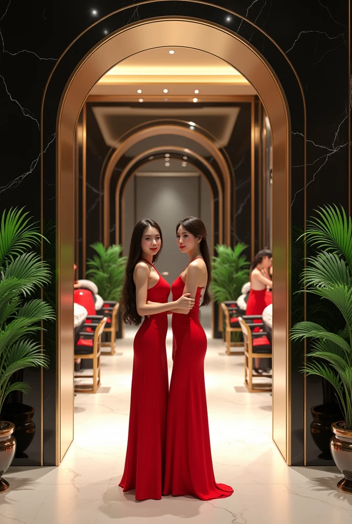Master Piece, best quality, (extremely detailed CG unity 8k wallpaper), (best quality) 8k detail. COMIC ART, INSIDE an Asian nail salon, A VERY LARGE, MODERN salon with arch's and mirrors with tropical plants in-between large spaces, The salon has gold accents surrounded by glass and black marble. Two beautiful young Asian women in red long dresses stand by the doorway with open arms and smiling. There are more attendants further inside.