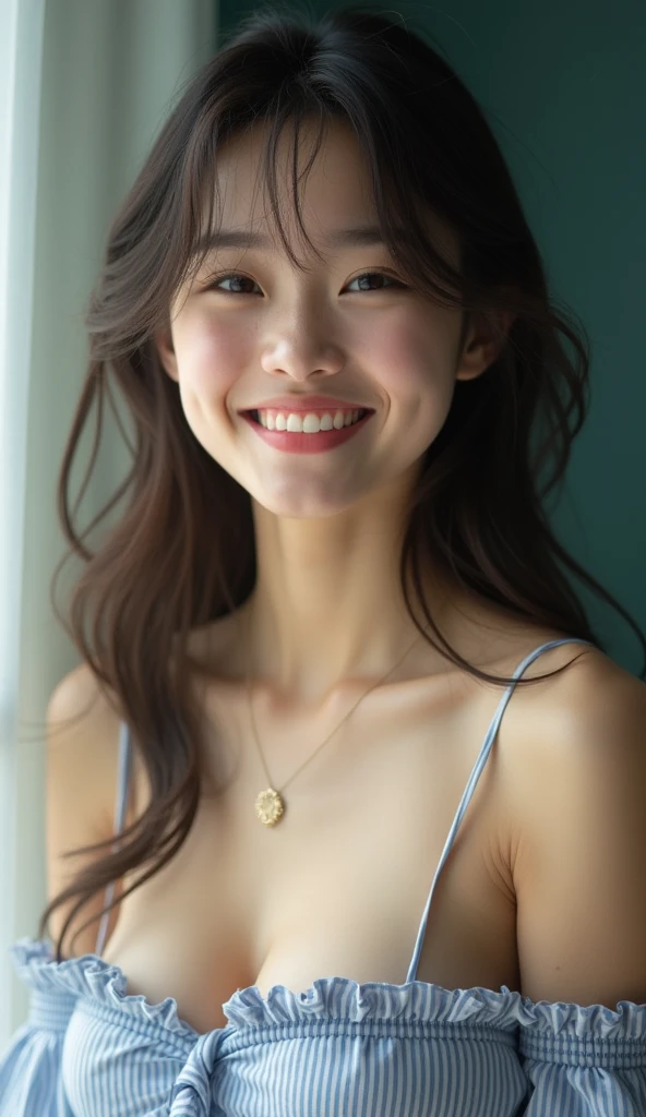 raw photo, real photo, 18yo, drooping eyes, Beautiful clear eyes, unique, individual, distinctive face, real skin, Bare skin, slightly open mouth, high school uniform, (dripping, cleavage, fascinating chest), saggy breasts, saggy fascinating chest, lovely, neat, calm, happy, innocent, peaceful, soothing, youthful, irreplaceable, (Extremely high-density images, Ultra-high resolution, 8k, Extremely high resolution, Super fine skin texture), Armpit, dimple, double teeth, charming, (A big smile), 